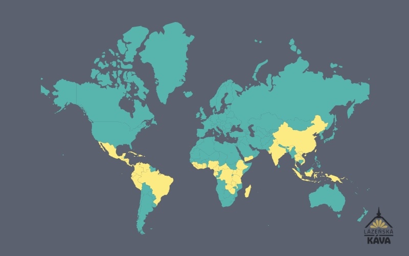 mapa zemí, kde se pěstuje káva