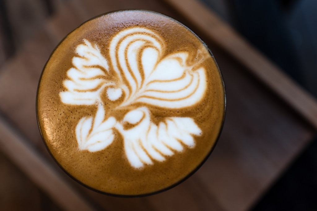latte art se dvěma labutěmi a srdcem