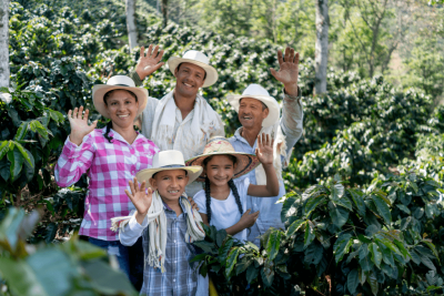 rodina farmářů na kávové plantáži v kolumbii