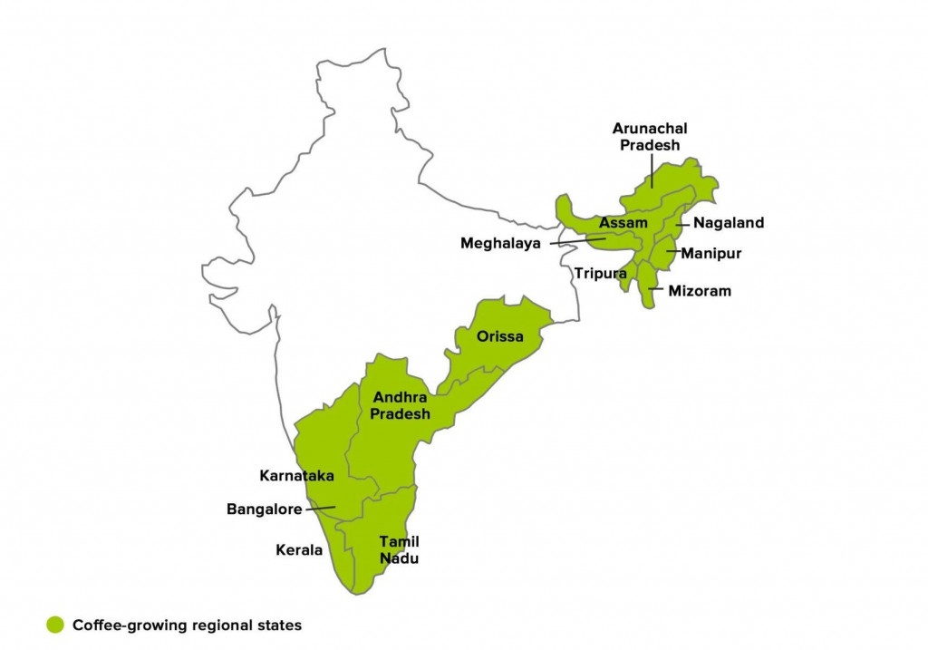 mapa oblastí a regionů podkce kávy v indii