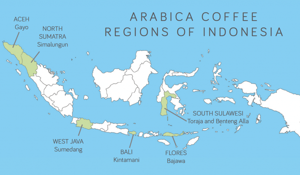 mapa oblastí produkujících kávu v indonesii