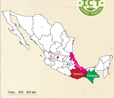 mapa oblastí a regionů pěstování kávy v maxiku