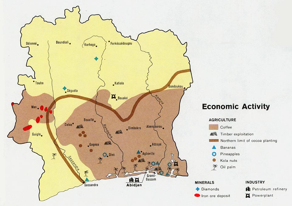 mapa oblasti produkce kávy na pobřeží slonoviny