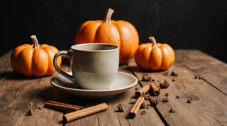 Hrnek s dýňovým latte na podzimním stole obklopeným kořením na pumpkin spice latte